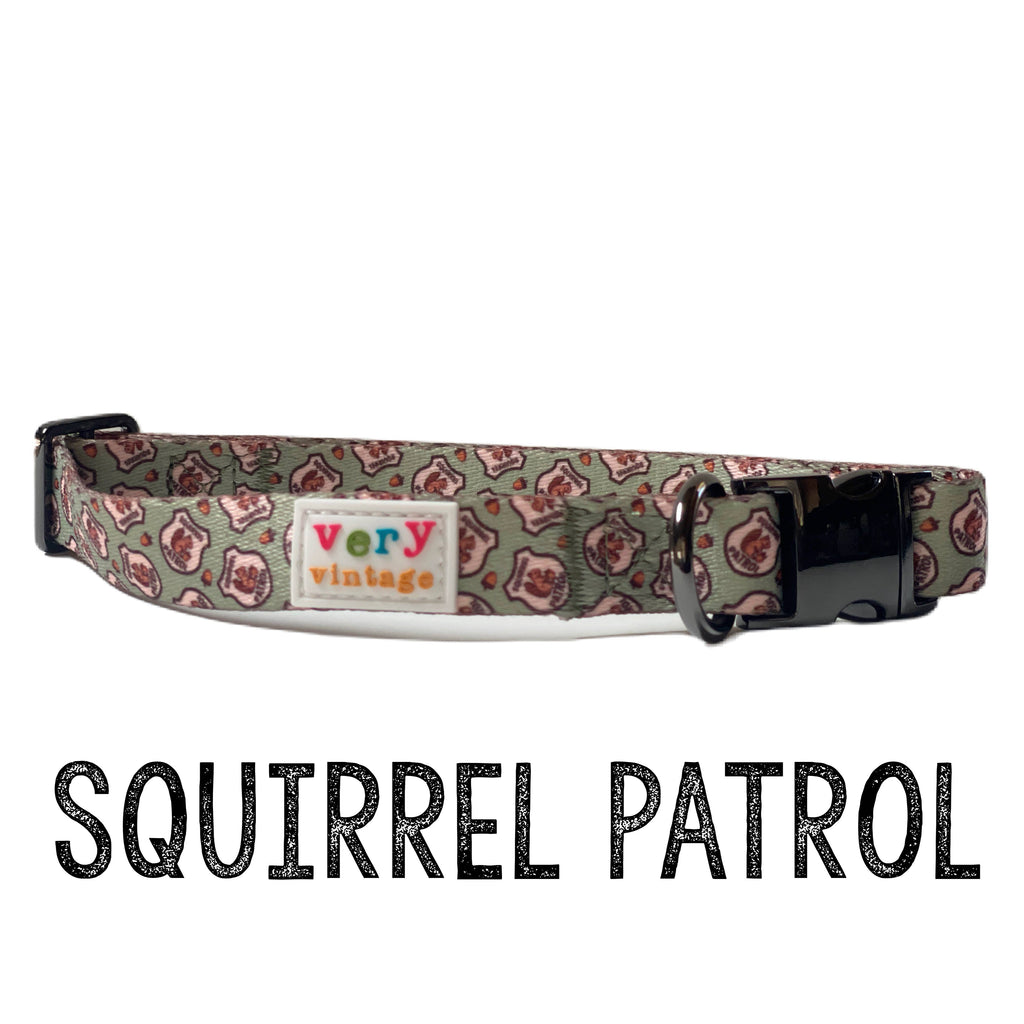 Very Vintage Designs - Squirrel Patrol - Green Squirrel Recycled Collar & Leash - Dog.Dog.Cat.