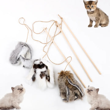 Rabbit Fur Cat Teaser on a Short Wood Stick with String - Dog.Dog.Cat.